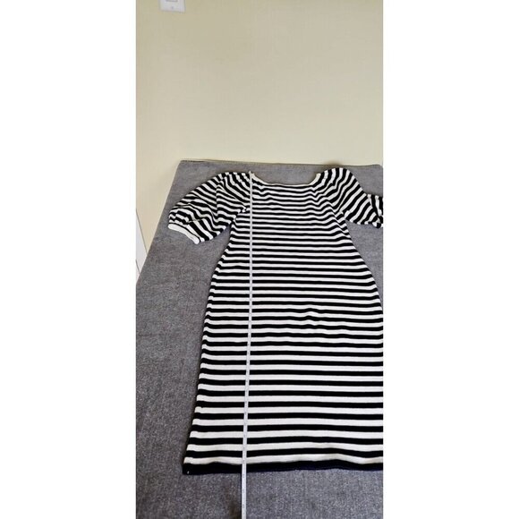 Eliza J Dress M Navy White Striped SS Bodycon Reverse Knit Midi Stretch Nautical - Picture 11 of 13